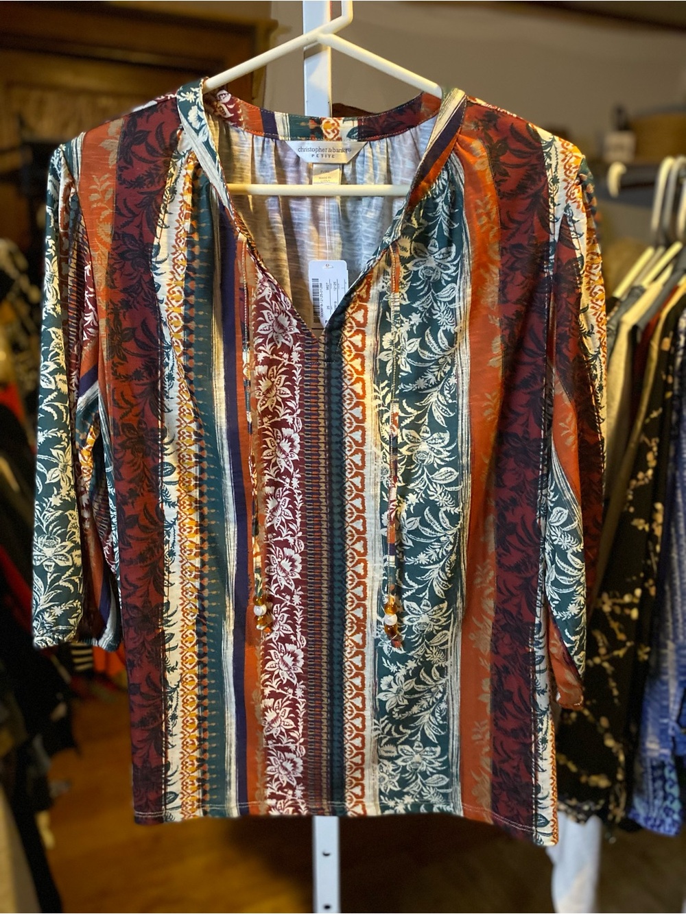 Christopher & Banks Striped Floral V-Neck Blouse in Rust, Teal & Cream
